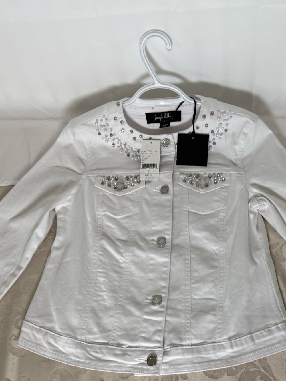 Joseph Ribkoff Ivory Pearl Rhinestone Embellished Denim Jacket NWT S - Picture 10 of 14